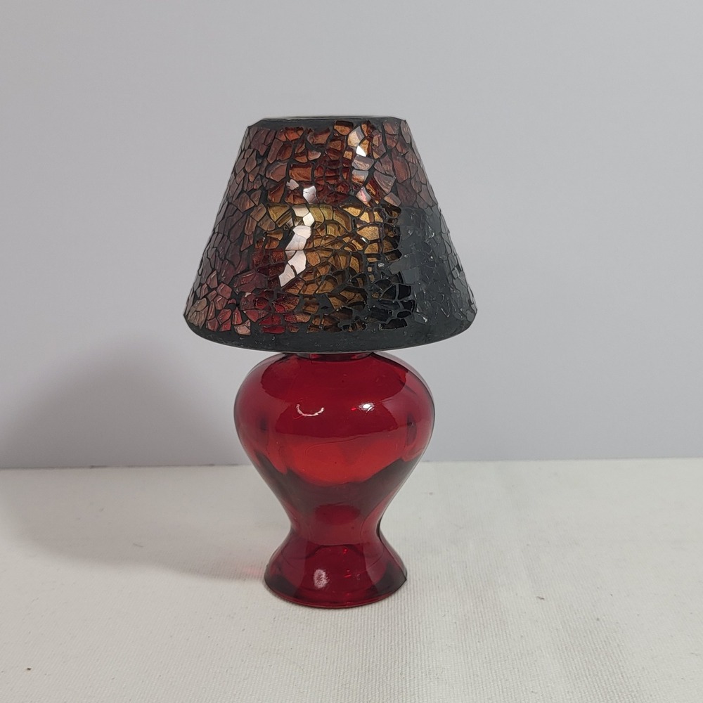 Red Glass Tea Light Candle Holder with Mosaic Shade Stained Glass Style 7.5in